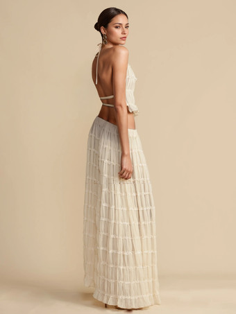 テクスチャードホルターネッククロップトップとロングスカートの2ピースコーデセット（ビーチ2025）