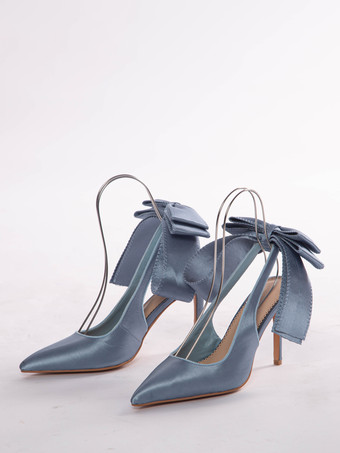 サテンのパーティーシューズ ポインテッドトゥ ボウハイヒール ウェディングシューズ