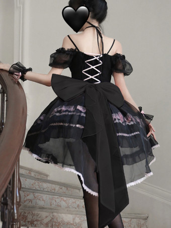 スイートロリータJSKドレスグレーズファンタジーノースリーブフリル刺繍蝶結び4色