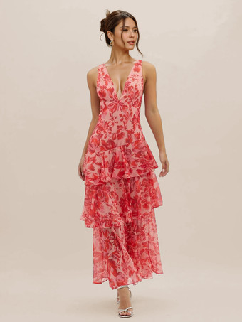 レッド 深めのVネックとオープンバックが特徴の花柄プリントのレイヤードフリルロングドレス 2025