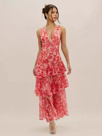 chinese dress ladies Women's Strapless Palm Printed Layered Maxi Dress main image 0