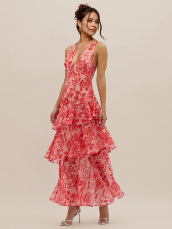 深めのVネックとオープンバックが特徴の花柄プリントのレイヤードフリルロングドレス 2025