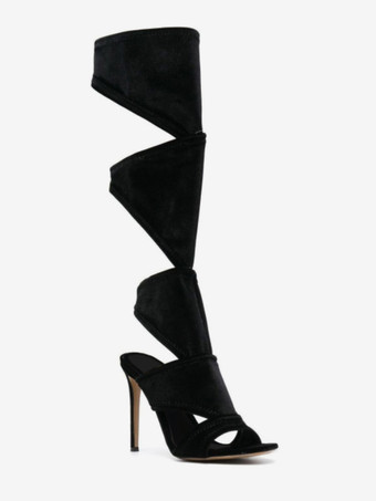 レディース スティレットヒール ブラック マイクロスエードアッパー グラディエーターサンダル