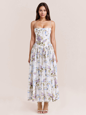 ホワイト 2025年夏のセミフォーマルイベントにぴったりのヴィンテージフローラルマキシスリップドレス