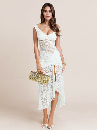 ホワイト ハイスリット入りブラックシアーレースノースリーブマキシドレス 2025