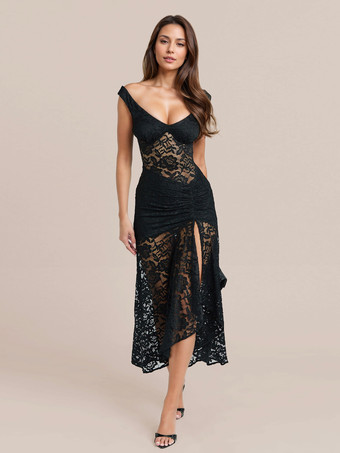 ブラック ハイスリット入りブラックシアーレースノースリーブマキシドレス 2025