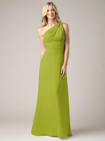 アボカドグリーンシャンパン ブライズメイド ドレス シフォン バックレス ルーシュ A ライン プロム マキシ ドレス
