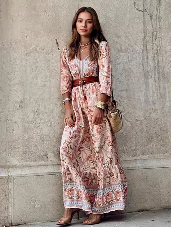 花柄 Vネック マキシドレス Pinkoz レッド花柄プリントマキシドレス v ネックホリデー