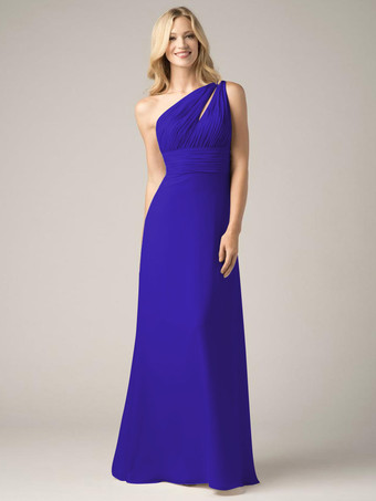 ロイヤルブルーシャンパン ブライズメイド ドレス シフォン バックレス ルーシュ A ライン プロム マキシ ドレス