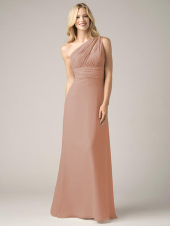 サーモンピンクシャンパン ブライズメイド ドレス シフォン バックレス ルーシュ A ライン プロム マキシ ドレス