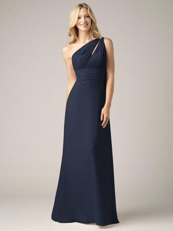 ダークネイビーシャンパン ブライズメイド ドレス シフォン バックレス ルーシュ A ライン プロム マキシ ドレス