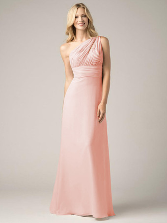ソフトピンクシャンパン ブライズメイド ドレス シフォン バックレス ルーシュ A ライン プロム マキシ ドレス