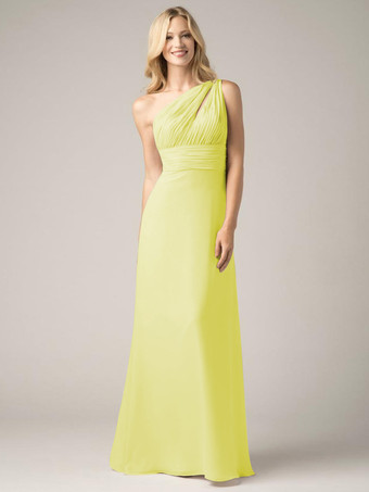 スイセン色シャンパン ブライズメイド ドレス シフォン バックレス ルーシュ A ライン プロム マキシ ドレス