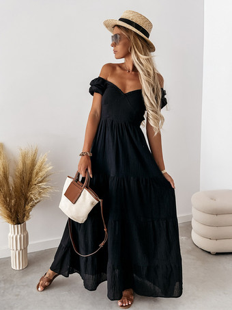 無地サマードレス ティアードオフショルダー マキシドレス