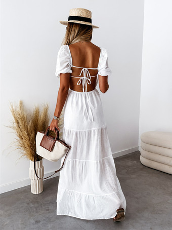 無地サマードレス ティアードオフショルダー マキシドレス