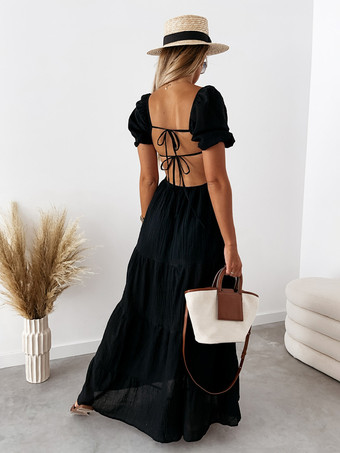 無地サマードレス ティアードオフショルダー マキシドレス