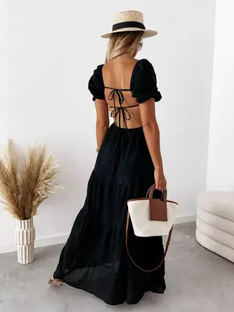 chinese dress ladies Women's Summer Beach Long Dresses Solid Color Waist Side Slit Dress Maxi  Women at Amazon Women's Clothing store main image 0
