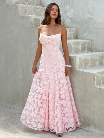 ピンク2025年夏のイベントにぴったりの、バックレスデザインのジャカードマキシスリップドレス
