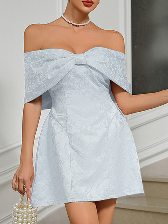 ライトスカイブルー特別な日のためのオフショルダーのジャカードミニパーティードレス2025