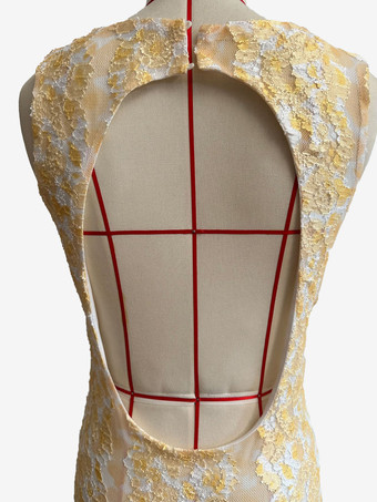 2025年夏にぴったりの、深めのVネックとオープンバックのノースリーブレースマキシドレス