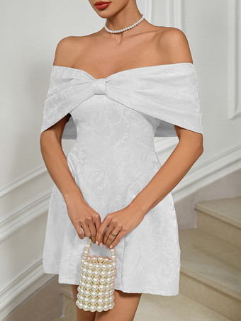 ホワイト 特別な日のためのオフショルダーのジャカードミニパーティードレス2025