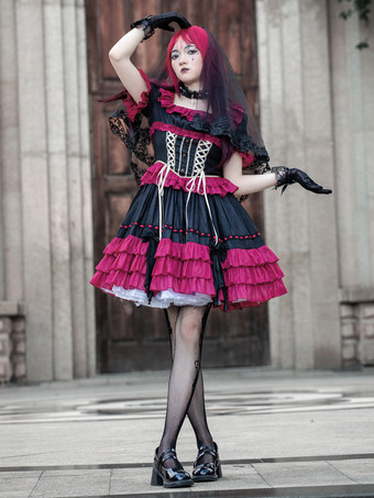 Lolitashow Exclusive Gothic Lolita Dresses Bows Lace Up Halloween Red and Black