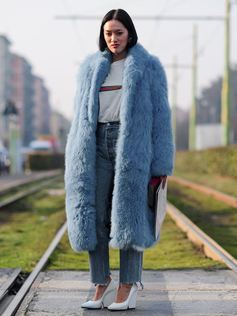 ライトスカイブルーノッチ付きラペル付きフェイクファーコート 無地 環境に優しい冬用ロングジャケット レディース 2025