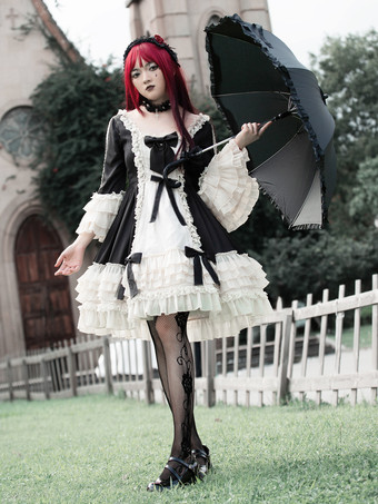 Esclusivo abito Lolitashow nero gotico Lolita vecchia scuola con fiocco in chiffon volant blocchi di colore maniche lunghe