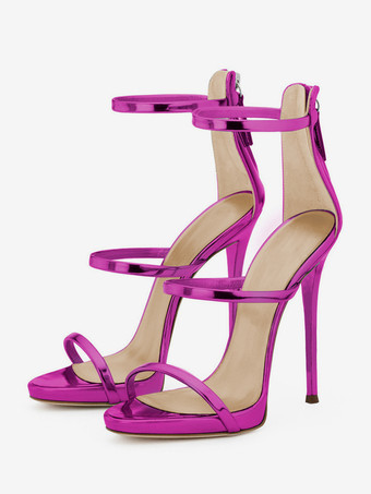 ローズレッドブラックハイヒールサンダル ストラップ付きオープントゥ スティレットヒール ドレスシューズ