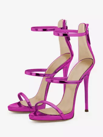 ローズレッド ブラックハイヒールサンダル ストラップ付きオープントゥ スティレットヒール ドレスシューズ