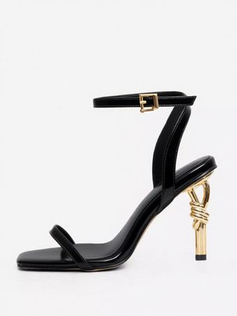 ブラック ゴールドハイヒールサンダル オープントゥデザインヒールパーティーシューズ