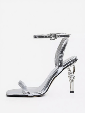 シルバー ゴールドハイヒールサンダル オープントゥデザインヒールパーティーシューズ