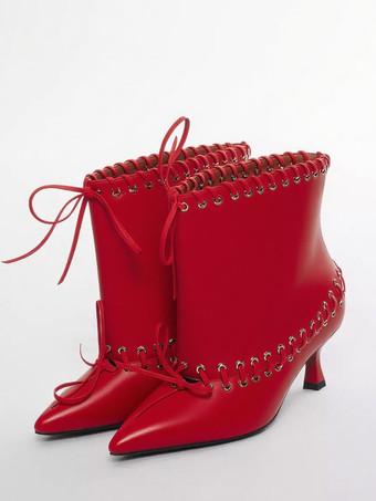 レッド ホワイトアンクルブーツ レディース ポインテッドトゥ キトンヒール ブーティ