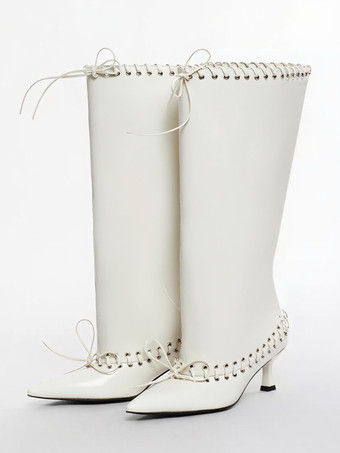 ホワイト レッドワイドカーフブーツ レディース ポインテッドトゥ キトンヒール ニーハイブーツ