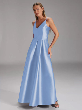 ベビーブルー花嫁の母親のためのパーティードレス Vネック ノースリーブ ボールガウン プリーツ ウェディングゲストドレス