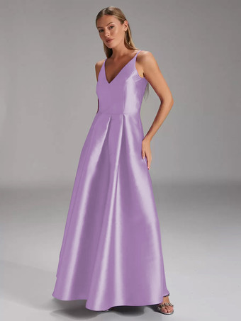 ライラック花嫁の母親のためのパーティードレス Vネック ノースリーブ ボールガウン プリーツ ウェディングゲストドレス