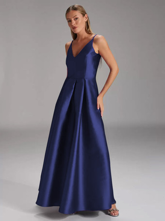 ダークネイビー花嫁の母親のためのパーティードレス Vネック ノースリーブ ボールガウン プリーツ ウェディングゲストドレス