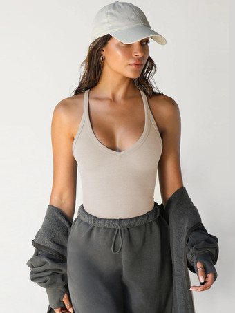 アプリコットコーヒーブラウンのキャミソールトップ Uネック セクシーなポリエステル レディース キャミソール