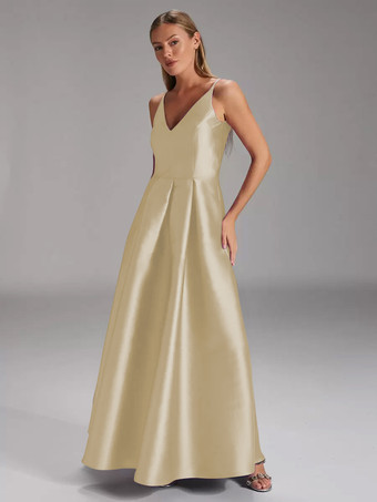 シャンパン花嫁の母親のためのパーティードレス Vネック ノースリーブ ボールガウン プリーツ ウェディングゲストドレス