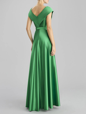 イブニングドレス Aライン Vネック フロアレングス ノースリーブ ジッパー サッシュ サテン生地 フォーマル ディナードレス