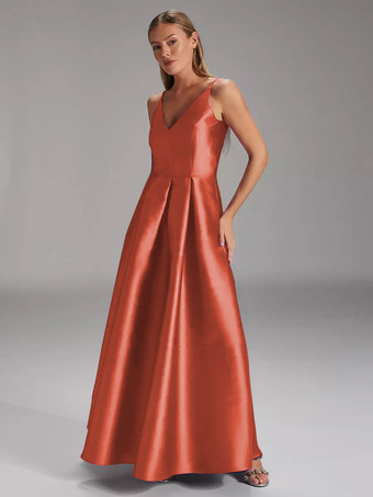 ブリックレッド花嫁の母親のためのパーティードレス Vネック ノースリーブ ボールガウン プリーツ ウェディングゲストドレス