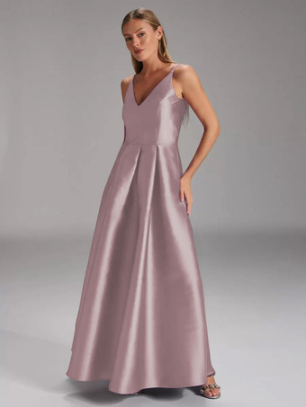 サーモンピンク花嫁の母親のためのパーティードレス Vネック ノースリーブ ボールガウン プリーツ ウェディングゲストドレス