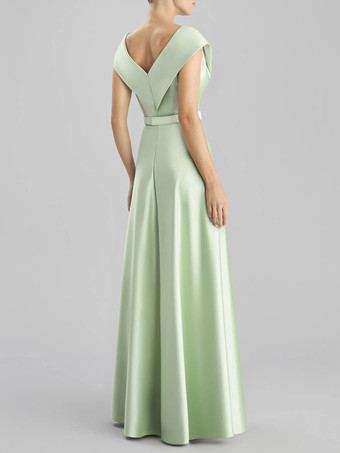 イブニングドレス Aライン Vネック フロアレングス ノースリーブ ジッパー サッシュ サテン生地 フォーマル ディナードレス