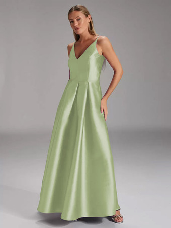 セージグリーン花嫁の母親のためのパーティードレス Vネック ノースリーブ ボールガウン プリーツ ウェディングゲストドレス