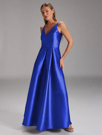 ロイヤルブルー花嫁の母親のためのパーティードレス Vネック ノースリーブ ボールガウン プリーツ ウェディングゲストドレス