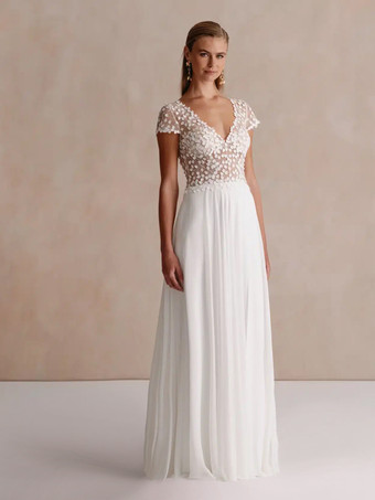 ボヘミアンウェディングドレス Vネック 半袖 トレーン付き レースブライダルガウン