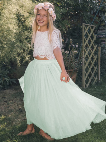 パステルグリーンツーピースウェディングフラワーガールドレス特別な機会のドレスピンク半袖レース