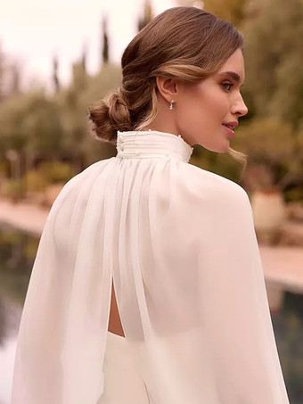 ツーピース ブライダル ジャンプスーツ シフォン プリーツ フロアレングス ジャンプスーツ ノースリーブ 取り外し可能なショール付き