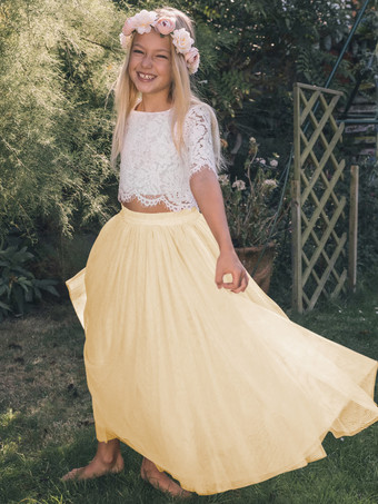 スイセン色ツーピースウェディングフラワーガールドレス特別な機会のドレスピンク半袖レース