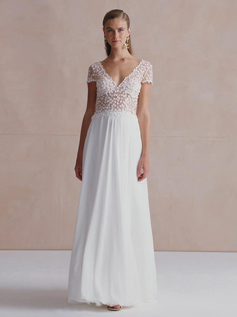 ホワイトボヘミアンウェディングドレス Vネック 半袖 トレーン付き レースブライダルガウン